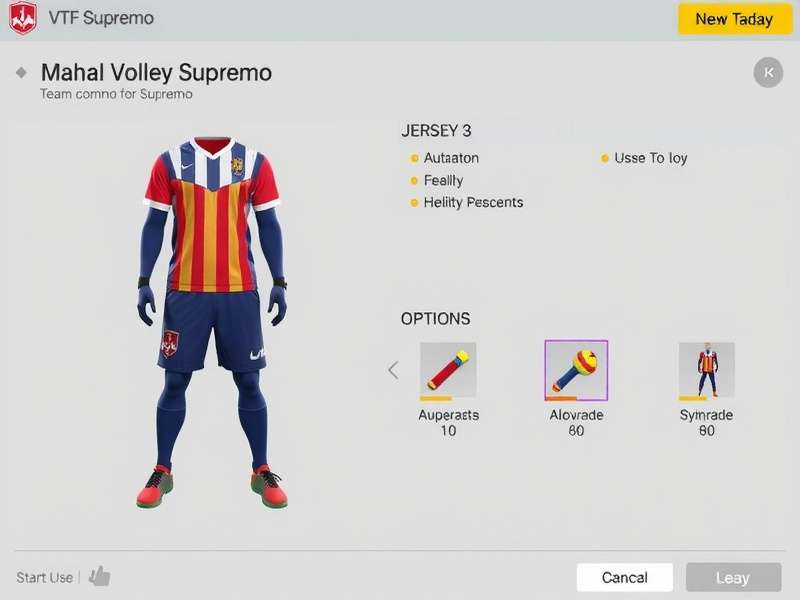Mahal Volley Supremo team customization screen showing jersey options and skill upgrades