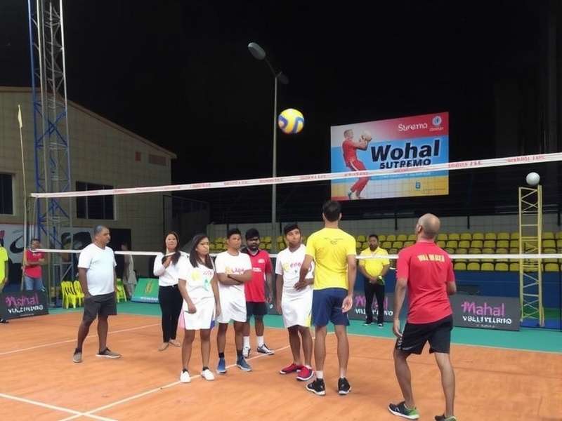 Mahal Volley Supremo city tournament in Bangalore with players competing on stage