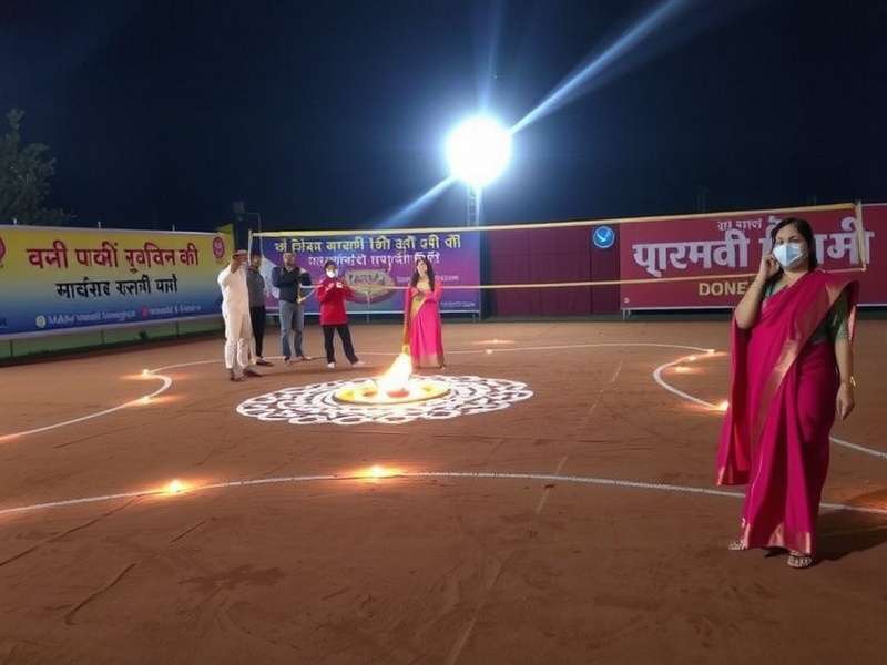Mahal Volley Supremo Diwali event showing a decorated court with diyas and players in traditional attire